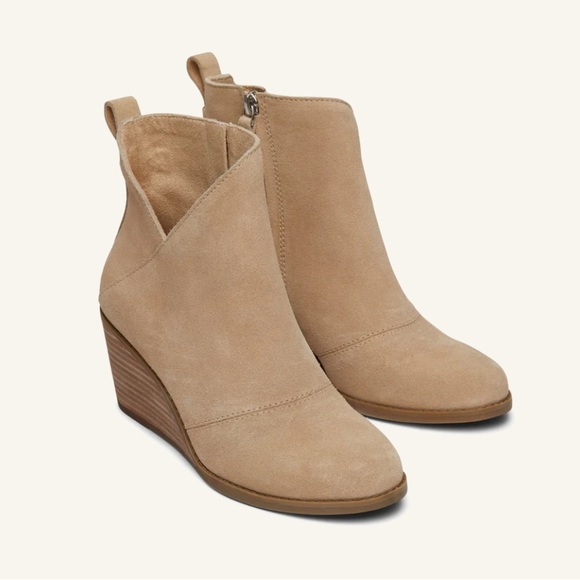 TOMS Sutton Wedge Ankle Bootie Tan Suede Leather Stacked Heel Shoes Size 11 NWT - Picture 2 of 10